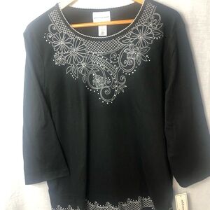 Alfred Dunner women size XL black embroidered floral‎ Top Long sleeve
